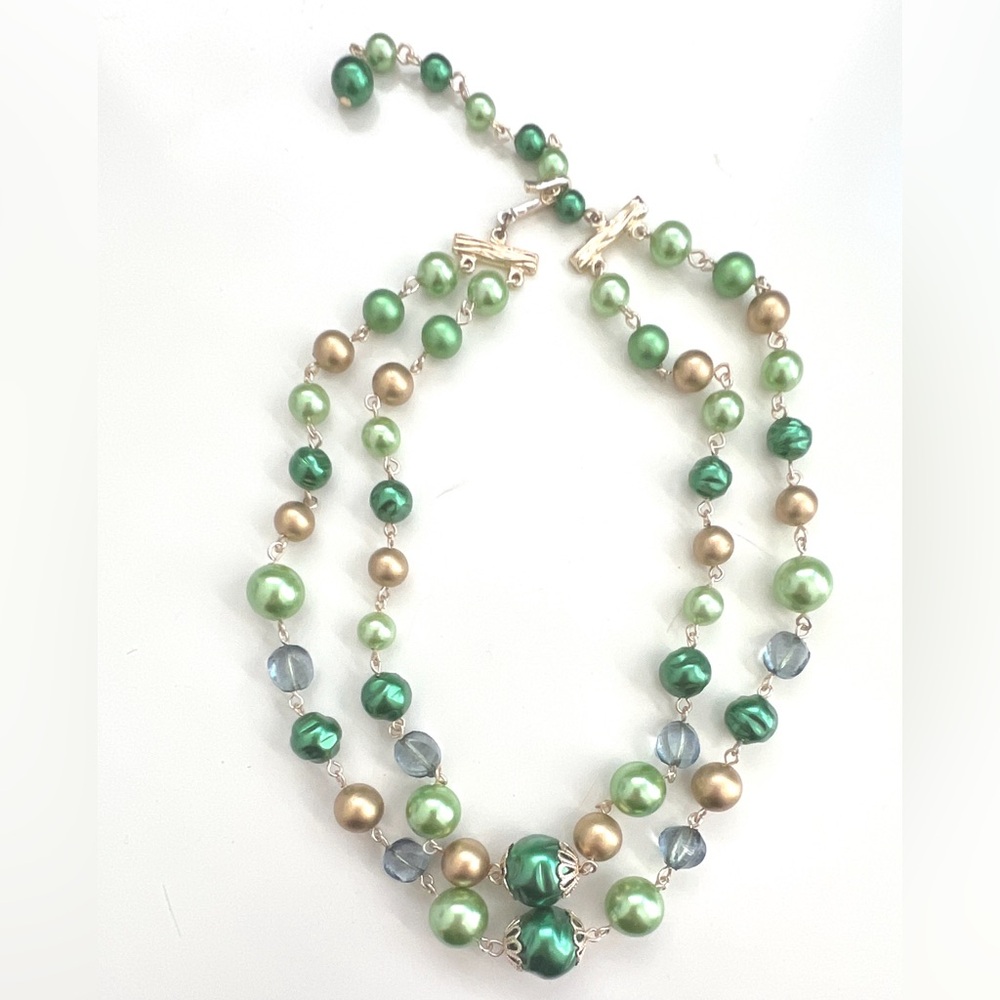 Vintage - Green and gold double strand beaded necklace, gorgeous - Marked Japan